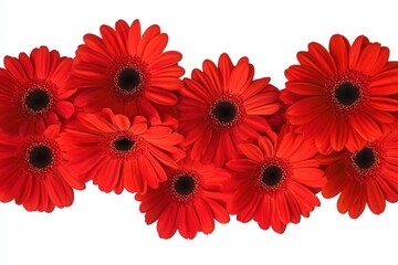 A vibrant arrangement of bold red gerbera daisies showcasing their intricate petals and dark centers