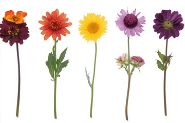 A vibrant arrangement of five colorful flowers showcasing diverse shapes and hues