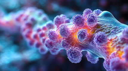 Naklejka premium Microscopic view of a vibrant, textured strand with numerous spherical protrusions, exhibiting a gradient of warm and cool colors