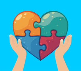 Bright vector illustration of a heart made of four colorful puzzle pieces and two human hands. Symbol of love, unity, teamwork, connection, autism awareness, relationship, cooperation, and diversity
