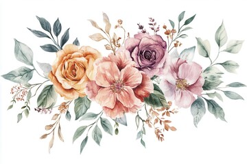 Fototapeta premium A vibrant arrangement of watercolor flowers showcasing roses and blossoms with leaves