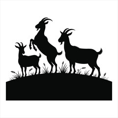 Black silhouette illustration of three goats grazing and playing on a white background
