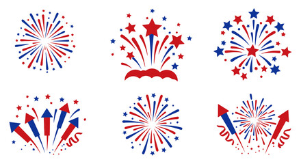 burst fourth of july Flat Icon Set with Exploding Fireworks and Rocket Shapes
