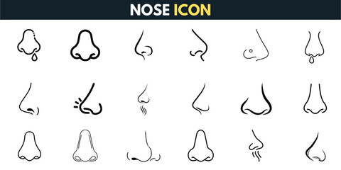 Nose and Nasal Conditions Icon Set. Thin Line Vector Symbols of Congestion, Sinusitis, Infection, Allergies, Polyps, Dryness, Runny Nose, Nasal Pain, Bad Smell, Nasal Infection and Respiratory Issue