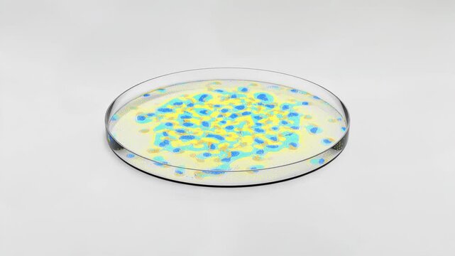 Yellow and blue bacterial colonies grow on a clear glass Petri dish agar plate, showcasing microbial culture patterns under lab conditions for microbiology research and educational use.