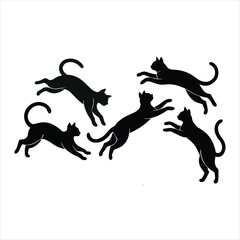 Playful silhouette cats jumping and pouncing against a clean white background design