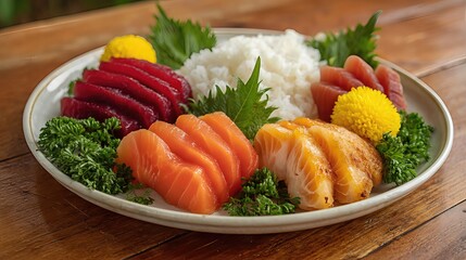 An elegant sushi platter showcases an assortment of sashimi, featuring vibrant salmon and tuna slices, garnished with colorful decorative accents.



