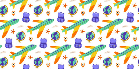 Colorful travel pattern featuring planes, globes, and suitcases on a bright background