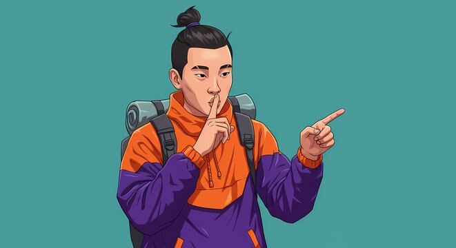 Illustration depicting a young traveler with a backpack gesturing for silence while pointing toward an unseen direction, evoking mystery and intrigue
