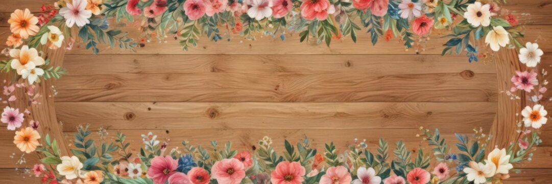 Watercolor painted floral circle, wood grain backdrop  Ideal for spring, garden themes ,  soft,  illustration