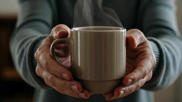 Hands hold a warm mug, as if offering it to the viewer  