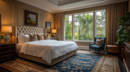 Fototapeta premium Elegant bedroom with large window natural light bed pillows rug and furniture.