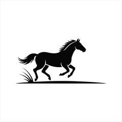 Silhouette of a running horse depicted in black and white with minimalist design