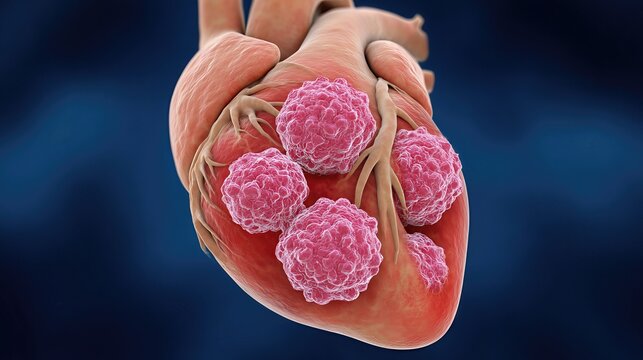 A detailed medical illustration shows a heart with a tumor and cancer cells, highlighting cardiovascular system disease and the importance of early detection.
