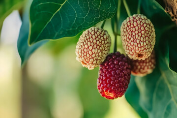 Close-up of Exotic Berries Hanging on Lush Green Leaves