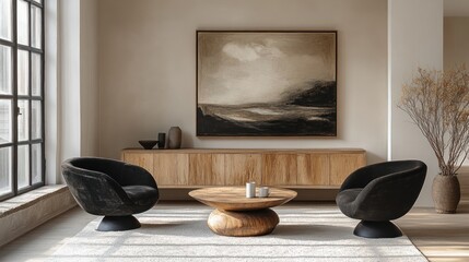 Interior view features two chairs a wooden cabinet and a landscape painting.