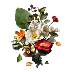 Vibrant Floral Arrangement with Colorful Flowers and Lush Greenery on a Black Background for Home Decor and Artistic Inspiration