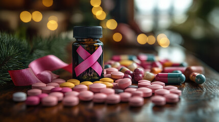 Pink ribbon adorns medicine bottle amidst scattered pills on a wooden surface with a festive background