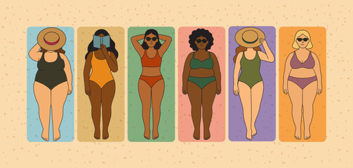 Summer collection. Vector illustration Women of different body types and races sunbathing on a beach blanket . Creator scene in a vintage flat style.