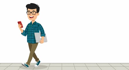 Illustrated Character Using a Mobile Device While Holding a Laptop Computer during a Casual Stroll on a Tiled Surface against a Blank White Backdrop