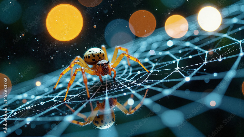 Wall mural a close-up shows a spider on its web. the web is blue with light reflecting off of it. bokeh lights 