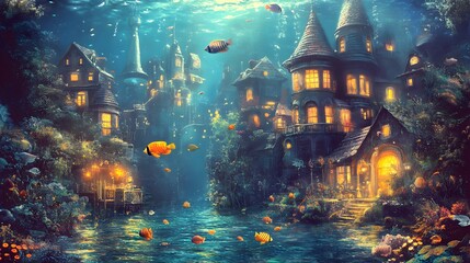 Glowing underwater city with fish swimming by