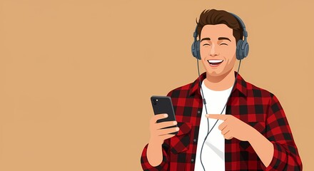 Joyful young man wearing headphones, enjoying music on his smartphone, sporting a vibrant red plaid shirt against a tan backdrop, exudes modern leisure