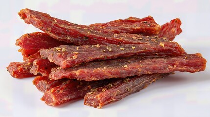 Savory, seasoned beef jerky strips lay on a white background, making a healthy and delicious snack, perfect for pairing with a cold beer.
