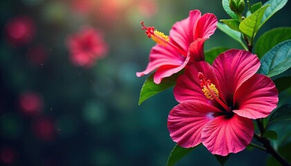 Bold tropical hibiscus blooms, vibrant jewel tones, textile, deep