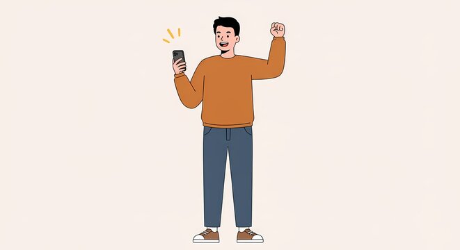 Character celebrates good news on smartphone, conveys online victory, digital triumph and positive response to mobile apps achievements