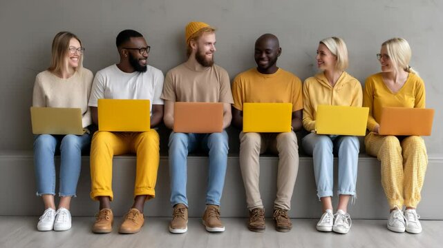 Diverse freelance young people using laptops, engaging in collaborative learning