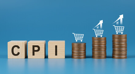 Consumer Price Index concept with wooden CPI blocks and ascending coin stacks topped with shopping carts against blue background - Inflation vector
