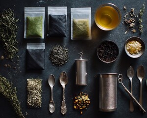 Arrangement of herbal teas, infusions and related tools on a dark surface
