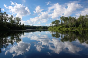 Obraz premium A calm serene lake reflects the sky like a perfect mirror