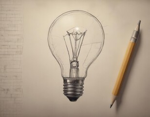 Rough pencil sketch of a lightbulb, inventive doodle on paper,  draft,  innovation