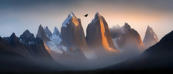 Majestic Mountain Peaks At Sunrise With Misty Valley