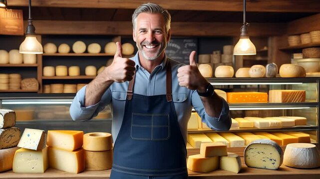 Male farmer standing in shop in front of display case with different varieties of cheese and smiling. Seller shows two thumbs up, saying that products are of excellent quality, fresh and natural.