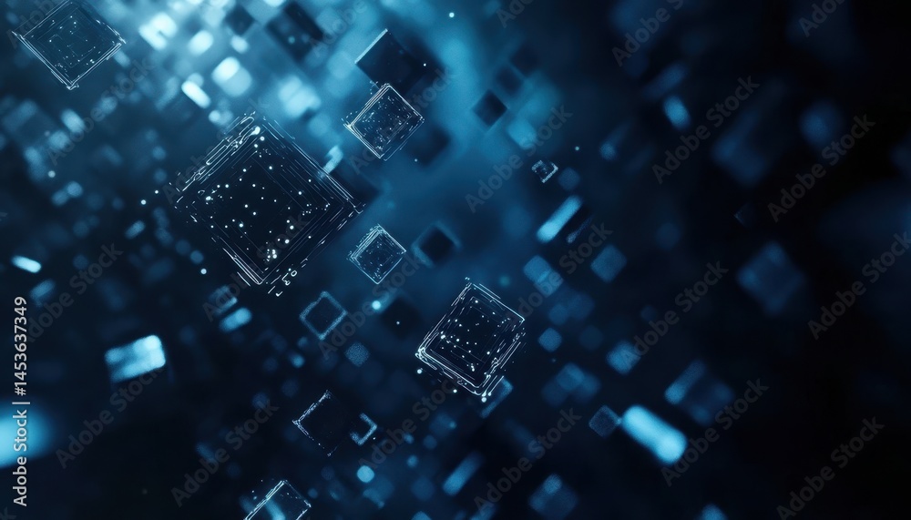 Fototapete Abstract Cubes Floating in Dark Blue Background with Futuristic Technology Geometric Shapes and Digital Network Connection