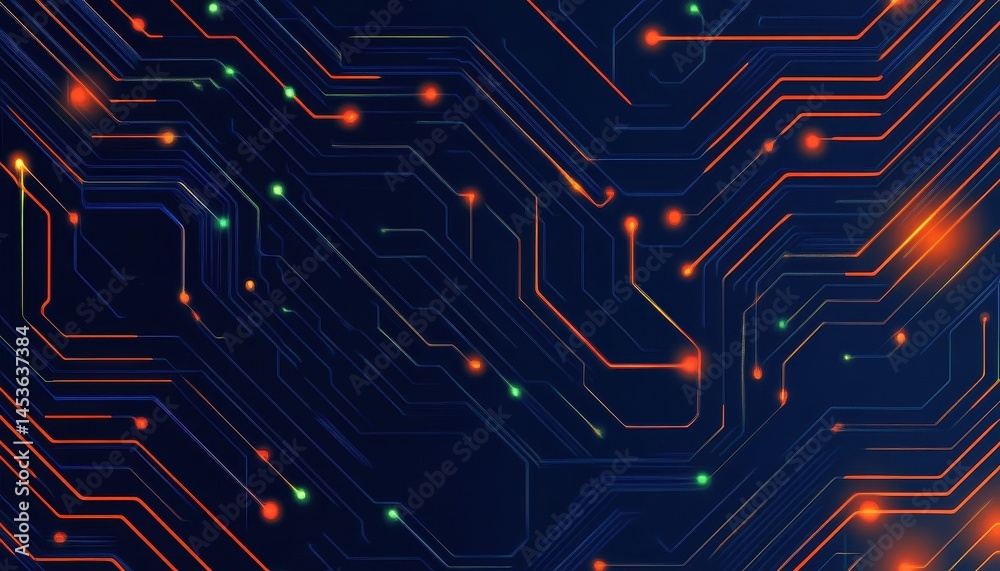 Poster Abstract Dark Blue Circuit Board Pattern with Glowing Orange and Green Lights High Technology Background