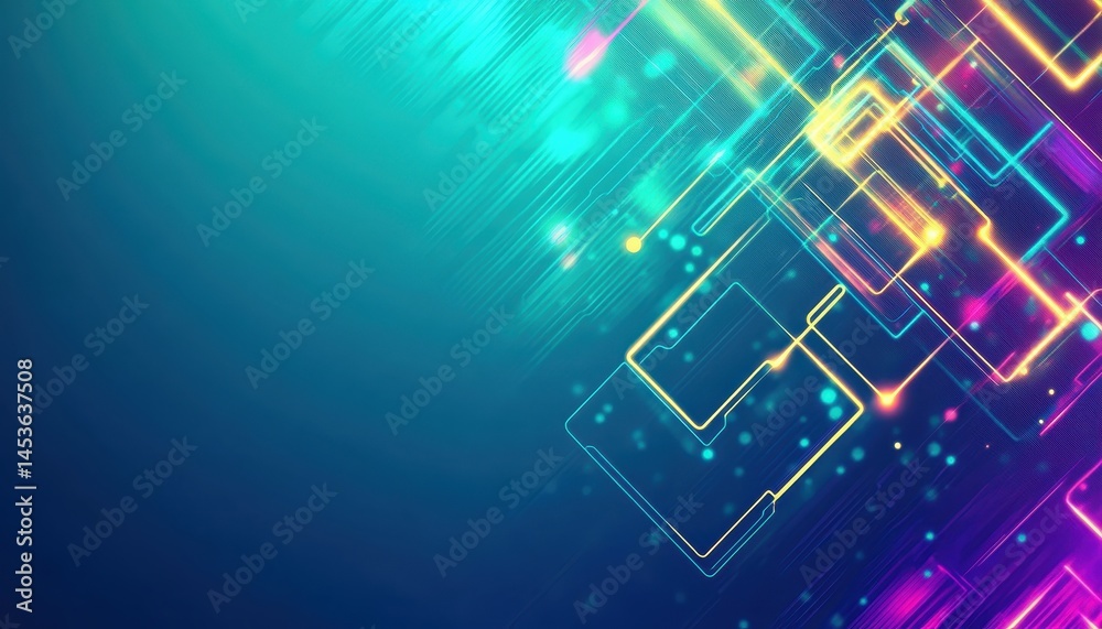 Poster Abstract Digital Network with Glowing Lines and Geometric Shapes on a Blue and Turquoise Gradient Background for Modern Technology Concept