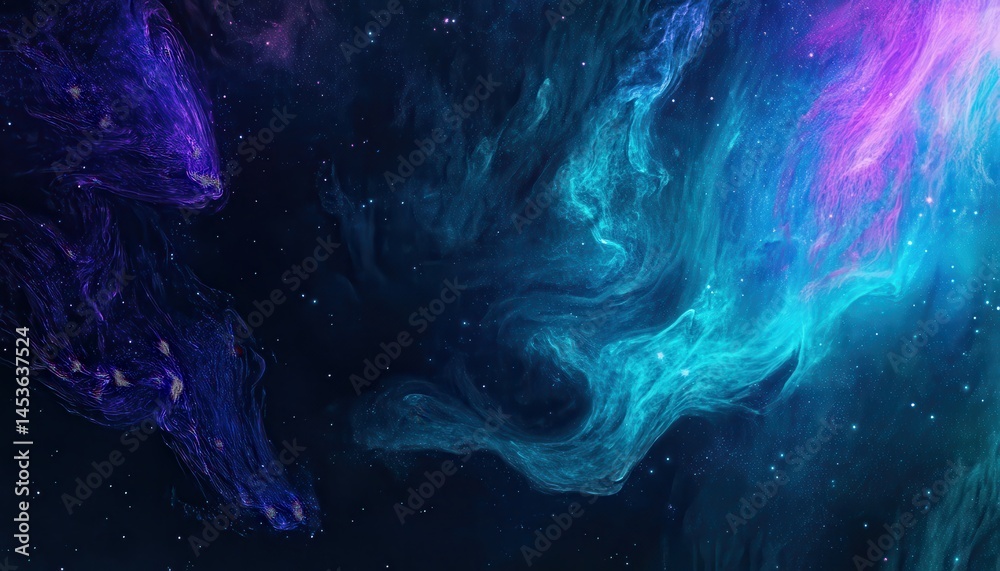 Aufkleber Abstract Deep Space Nebula with Swirling Purple and Teal Clouds and Scattered Stars Energetic Cosmic Background