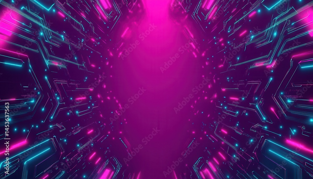Poster Abstract Futuristic Background with Glowing Pink and Blue Neon Lights in a Geometric Tunnel Perspective With Digital Data Streams and a Cyberpunk Technology Aesthetic