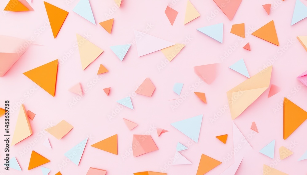 Poster Abstract Geometric Pattern Featuring Pastel Colored Paper Triangles on Pink Background With Clean Light and Decorative Cutout Style