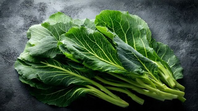Freshly harvested bunch of vibrant green collard greens with prominent veins displayed on a dark gray surface, evoking health.