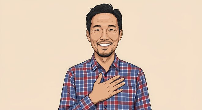 Enthusiastic asian man in casual attire, expressing a promise or showing sincerity with hand over his heart in a heartwarming image