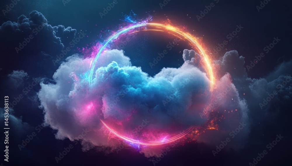 Poster Abstract Luminous Ring Floating Above Clouds Against Dark Sky with Shimmering Lights and Ethereal Atmosphere in Dreamy Night