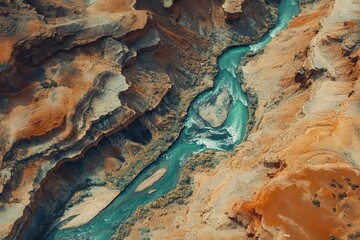 Aerial view of a winding river cutting through vibrant orange and brown canyon landscape