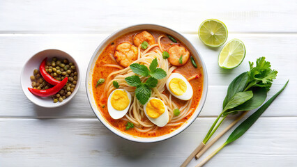 Laksa Soup &ndash; Traditional Malaysian and Singaporean Cuisine - Flat lay photo :: white background   