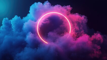 Obraz premium Abstract Neon Circle Surrounded by Pink and Blue Smoke Creating a Futuristic and Vaporwave Aesthetic with Glowing Effects on a Dark Background