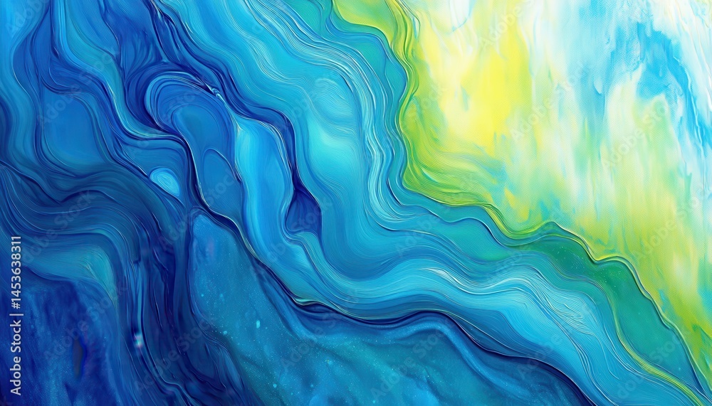 Aufkleber abstract painting with flowing blue and yellow hues featuring an ink wash effect with dynamic fluid 